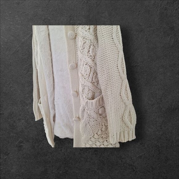 Chunky Cable Knit Hooded CARDIGAN Faux Fur Lined Sweater Tunic Length Pockets M - Picture 6 of 16